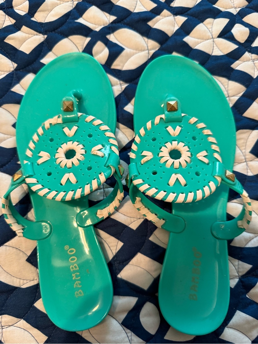 BAMBOO Teal Jelly Sandals with White Woven Medallion
